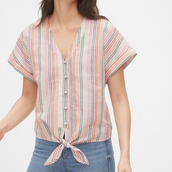 EUC Women's Gap Tie-Front Top, multi color stripe, linen blend - medium - Picture 2 of 7